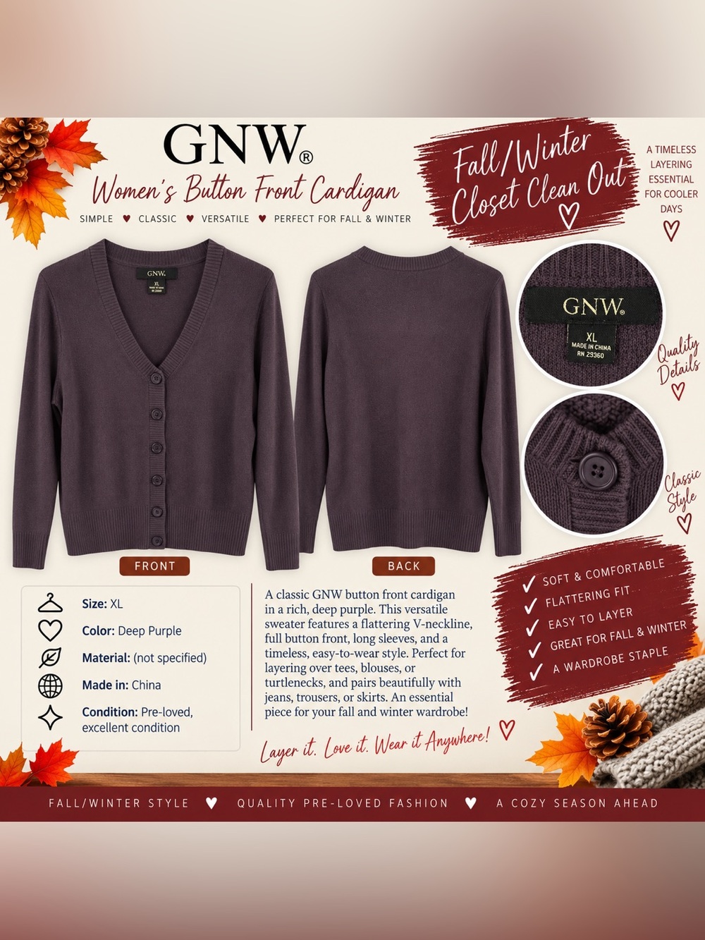 GNW Deep Purple V-Neck Button Front Cardigan